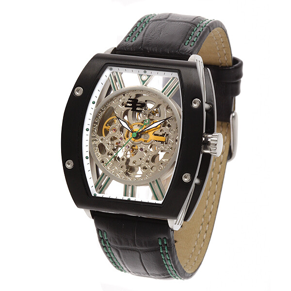 NEW 32 DEGREES HELIX SKELETON AUTOMATIC WATCH BLACK LEATHER