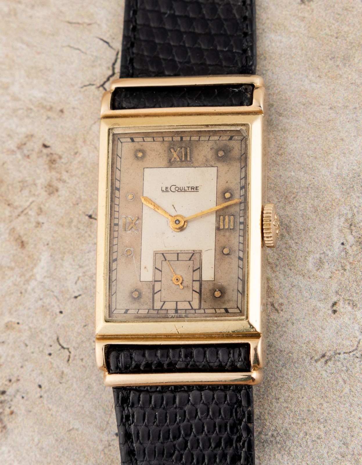 Vintage LeCoultre Tank 14K Yellow Gold Manual Wind Watch 17J Black Lizard Band
