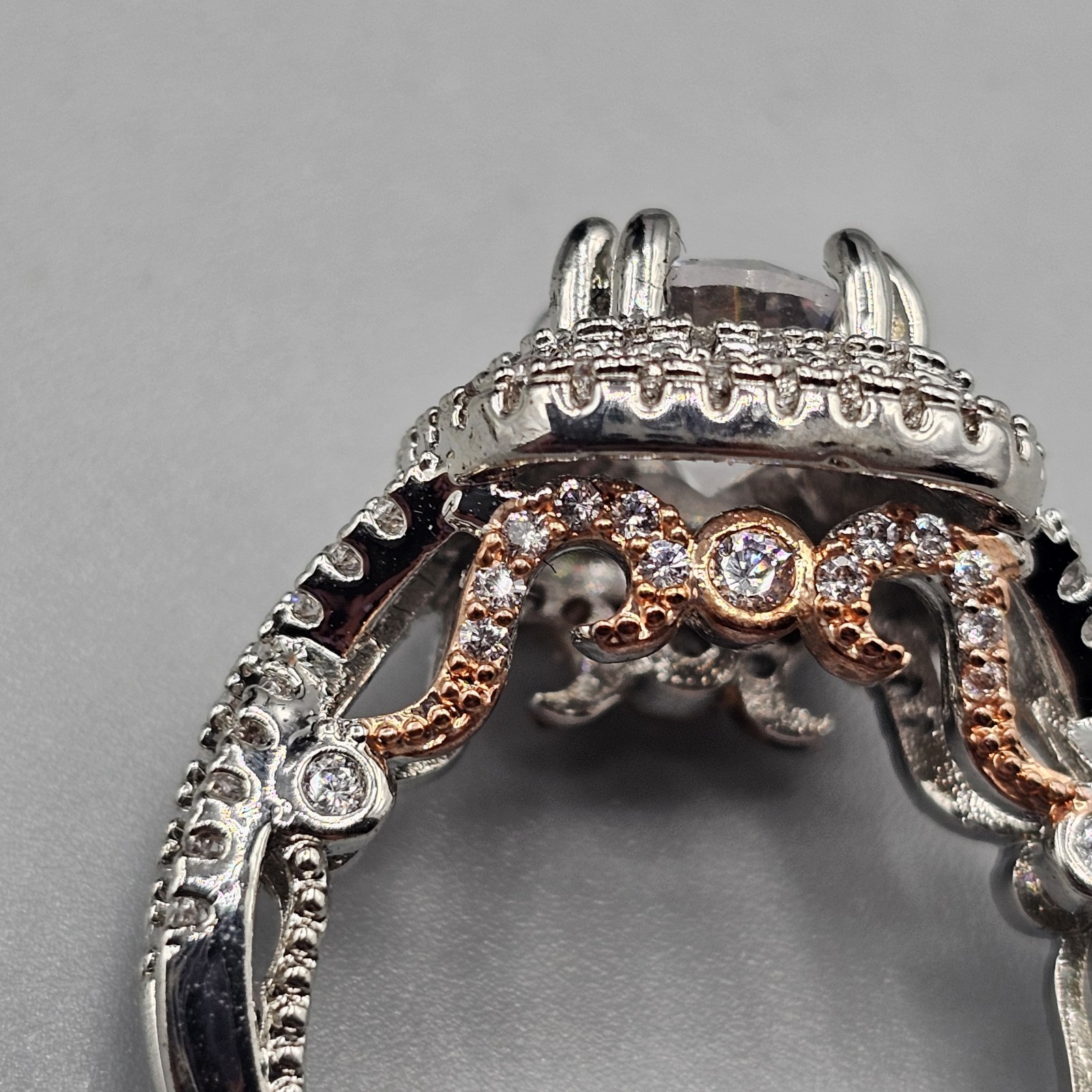 CZ Engagement Cocktail Ring Two Tone Double Halo Open Work Band Size 6.75