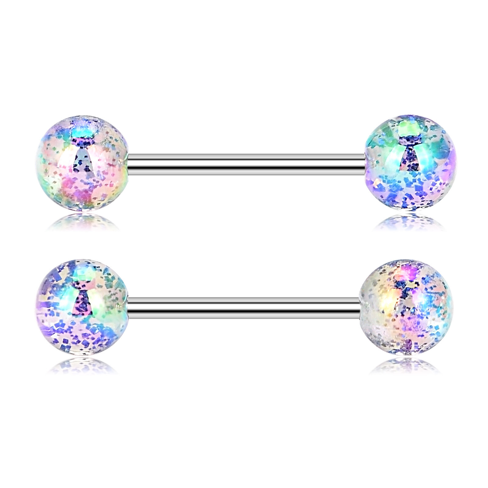 2pcs Colorful Ball Tongue Rings 316L Stainless Steel Barbell Nipple Ring 14G Bar