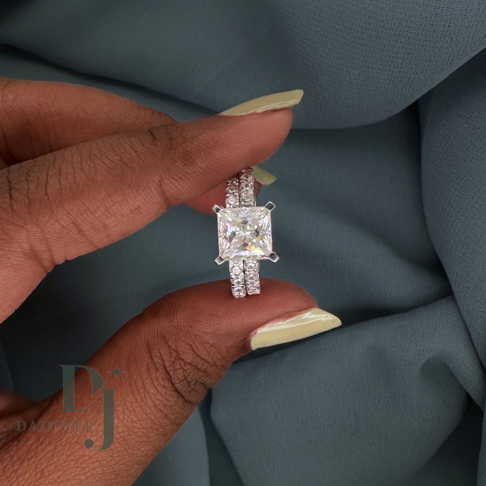 Moissanite Bridal Set Engagement Ring Princess Cut 3 Carat Solid 14K White Gold