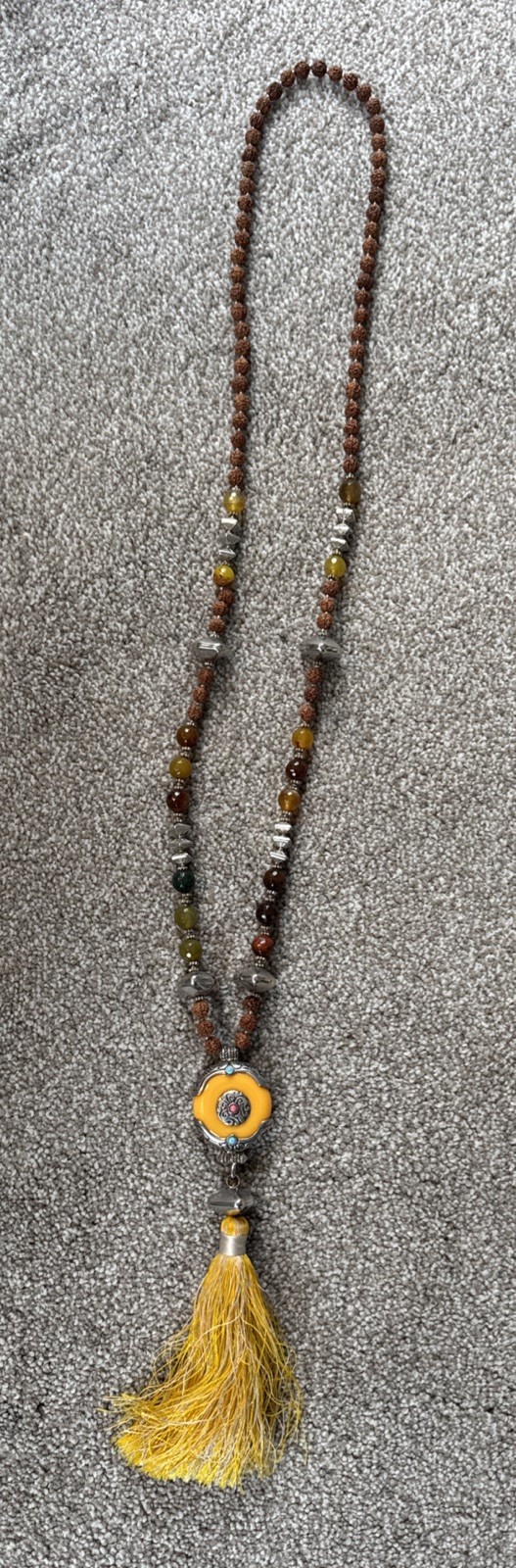 Nepali Rudraksha Rudraksh Agate Necklace w Silver Beads Amulet & Yellow Tassel