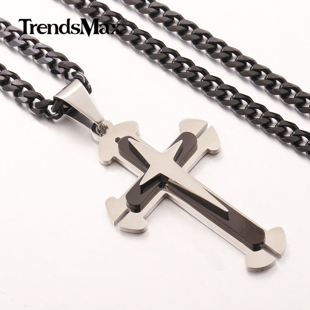 Mens Stainless Steel Cross Pendant Necklace 5MM 18″-30″ Silver/Black Cuban Chain