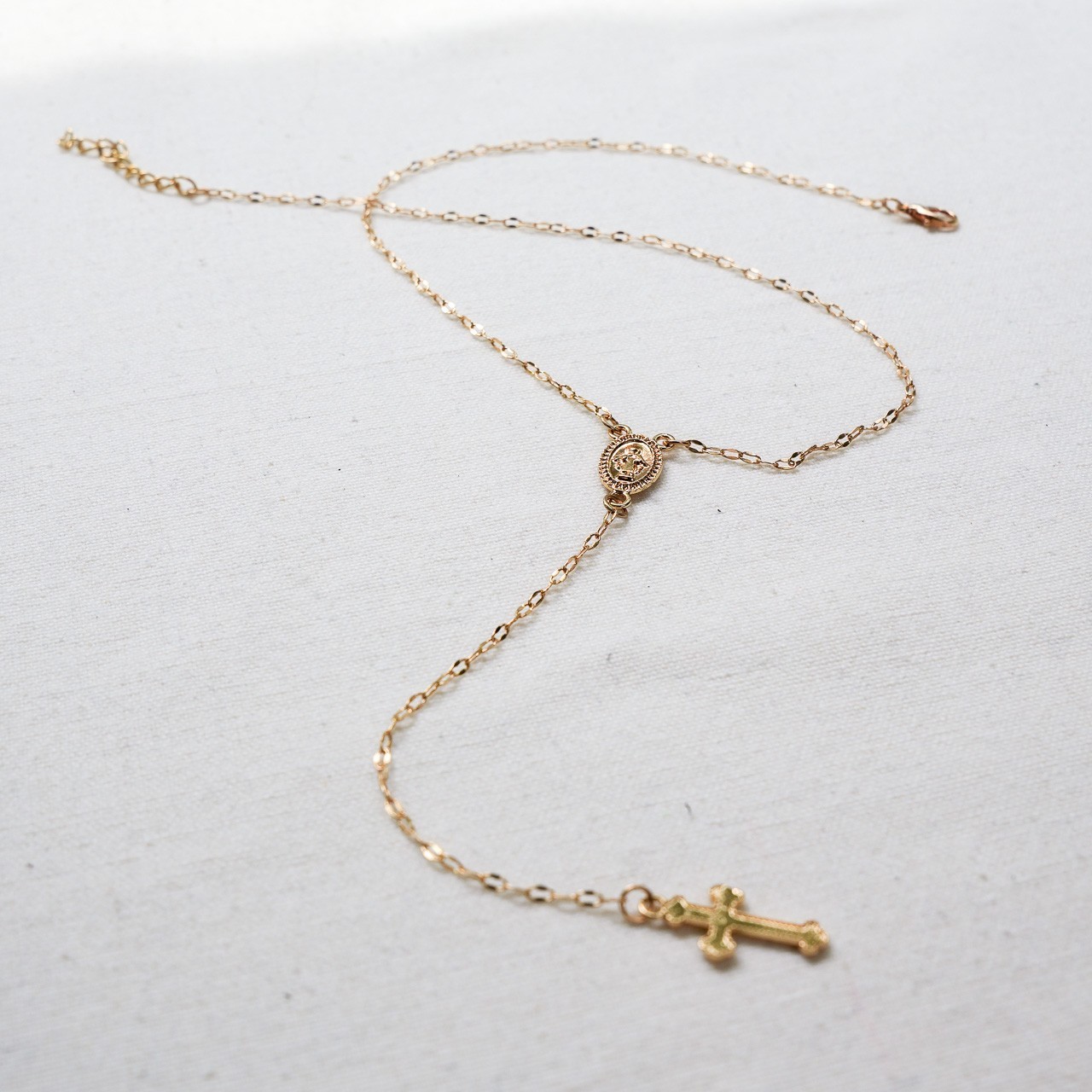 Dainty gold chain with a drop-down cross and small medallion rosary Chain New