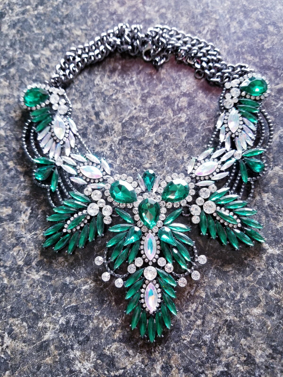 Green Statement Choker Rhinestone Necklace Bridal Prom Pageant Gothic