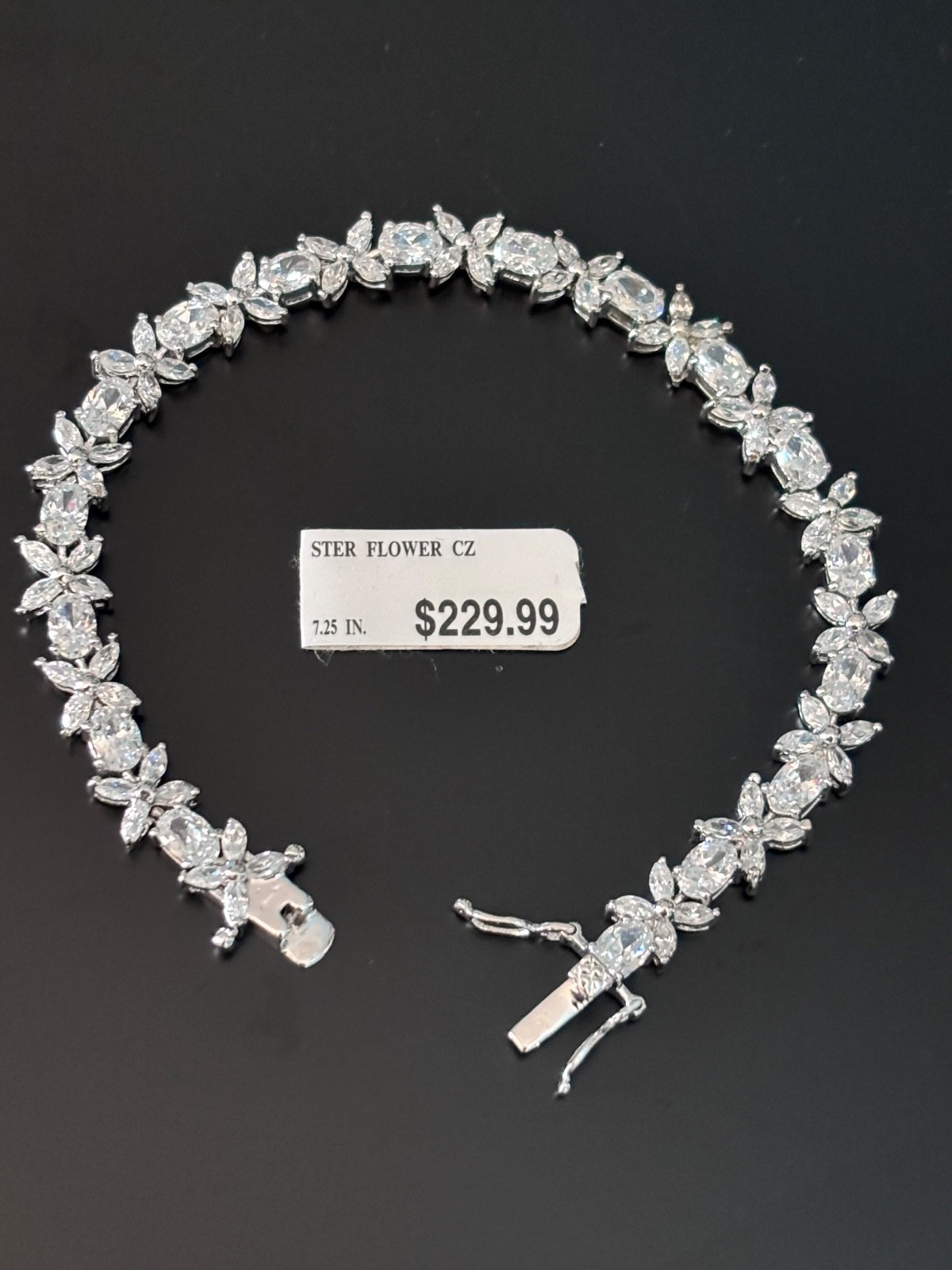VTG Sterling Silver Bracelet Flower Oval Clear CZ 7.25 inches (Plus Necklace)