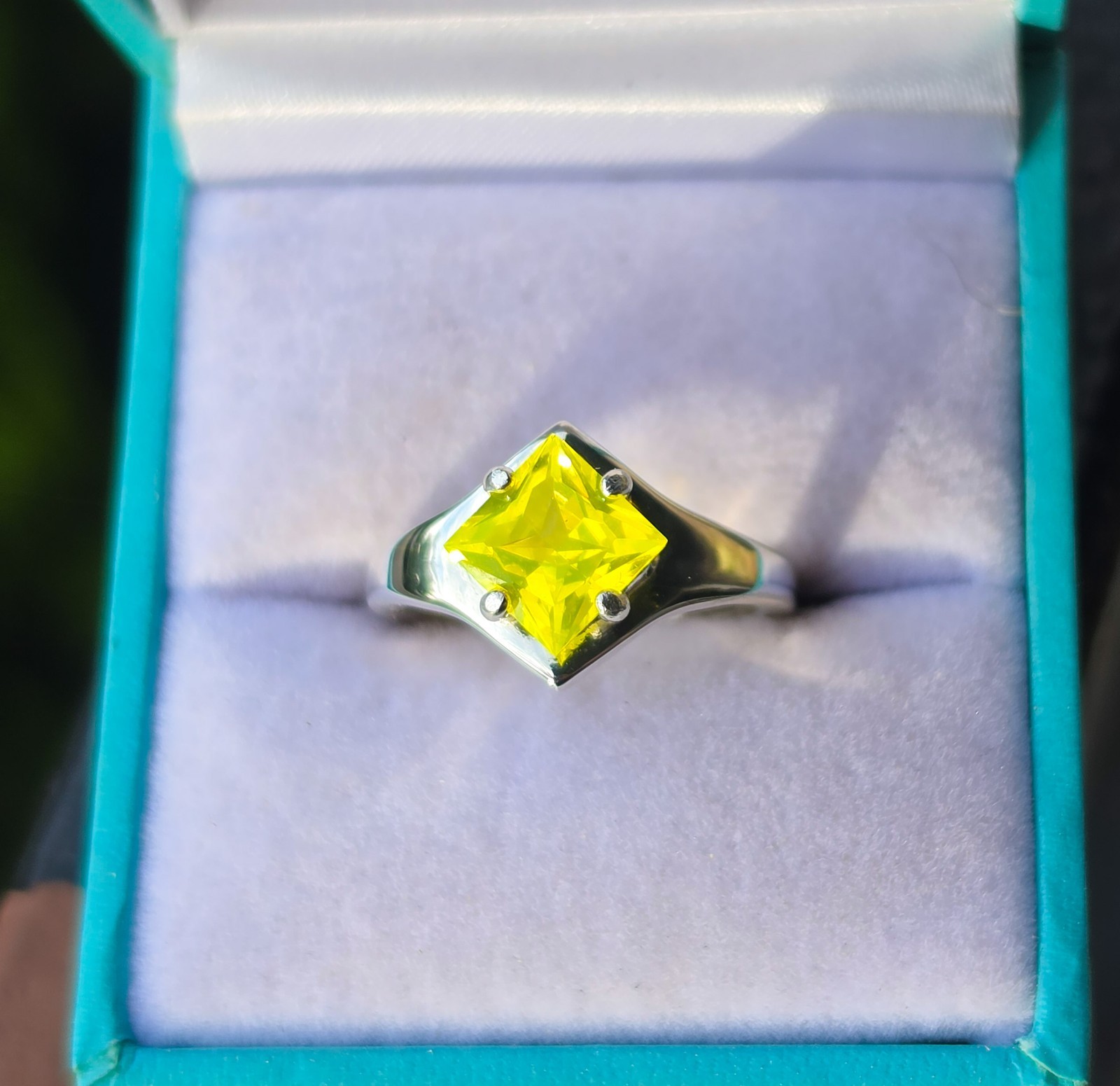Sterling YAG Ring UV Yellow Yttrium Aluminum Garnet Square Princess Cut Shield