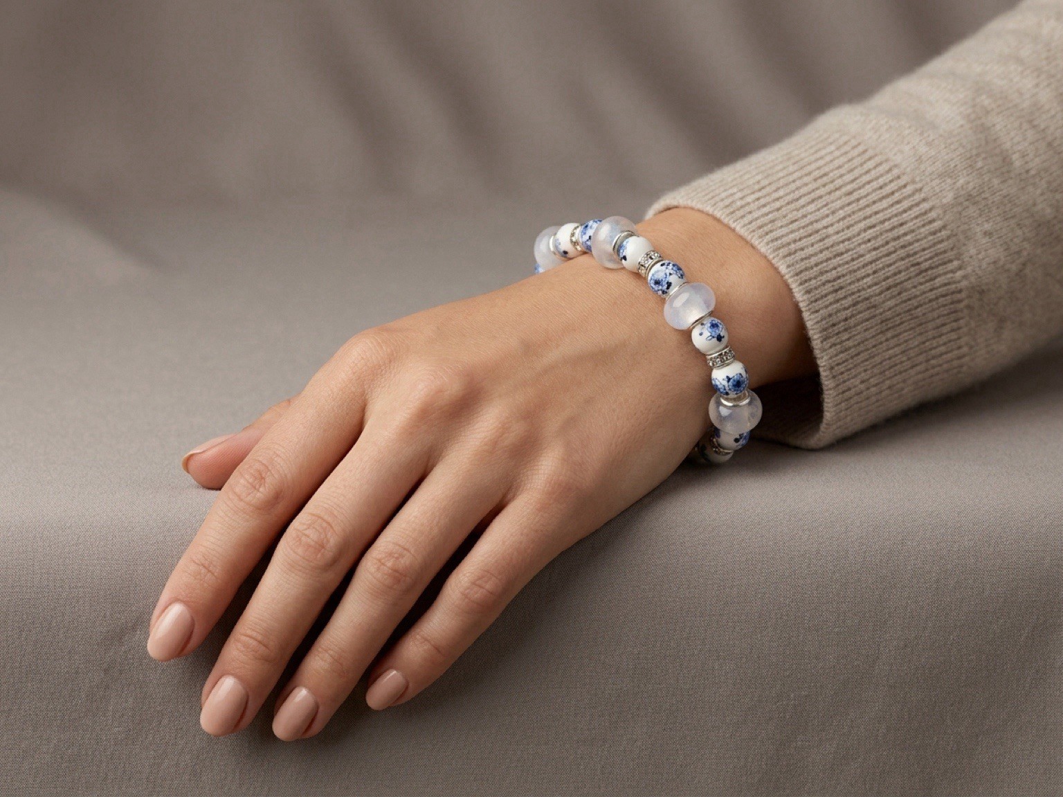 White Blue & Silver Beaded Stretch Bracelet, Stackable Round Ceramic & Metal