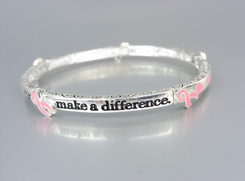Silver BREAST CANCER AWARENESS Pink Ribbon HEARTS Stretch Stackable Bracelet