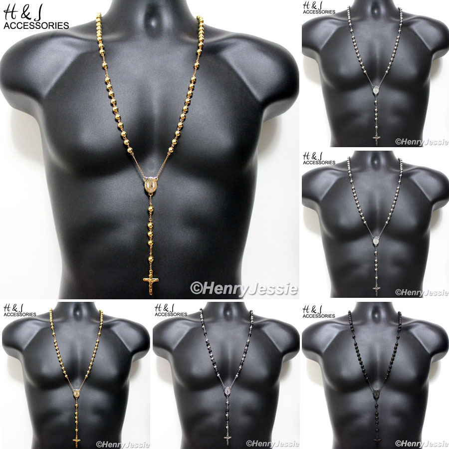 30″+5″MEN Stainless Steel 8mm Black/Silver/Gold Plated Beads Rosary Necklace