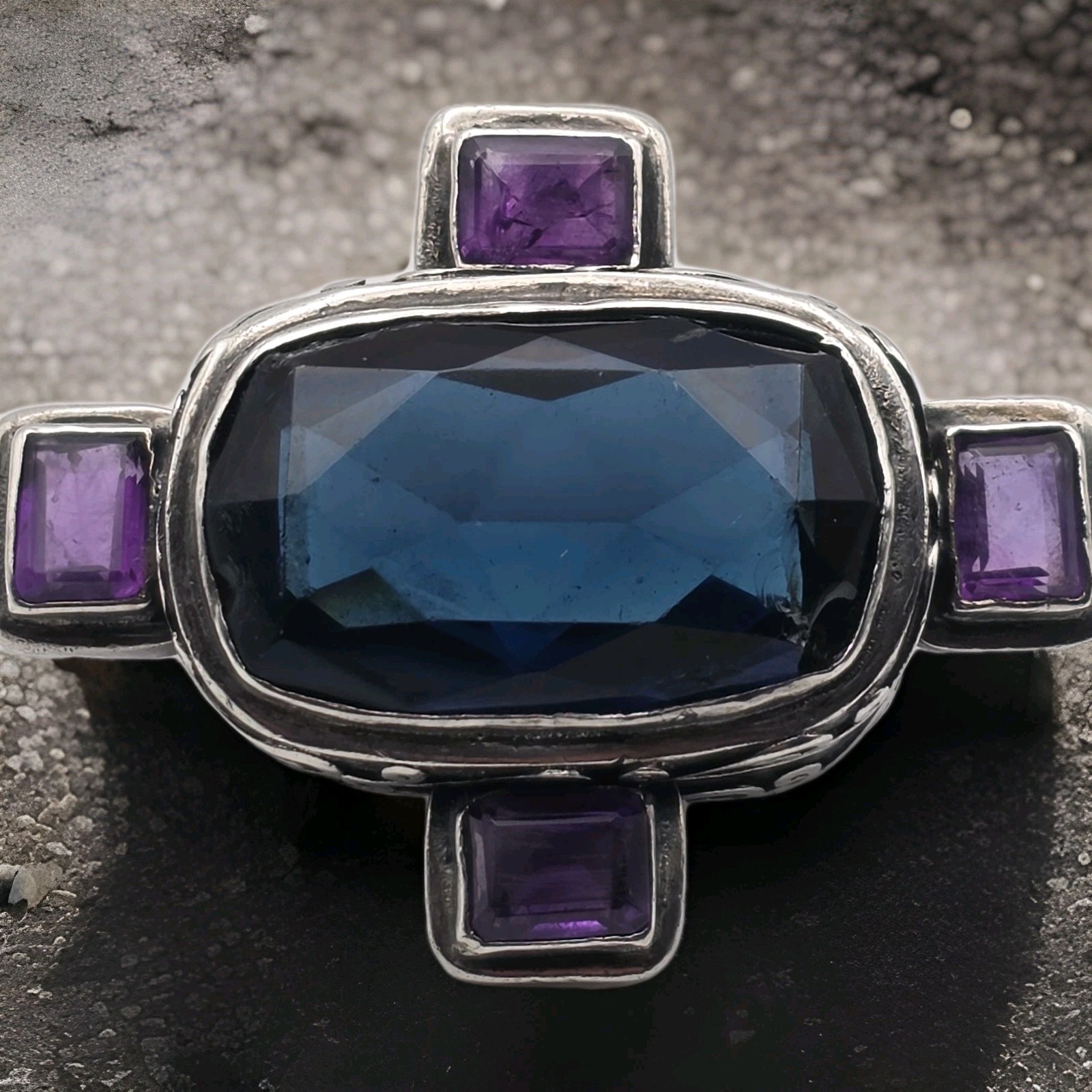 Vtg. Artisan 925 Silver Pendant Brooch Synth Sapphire Natural Amethyst 45+grams