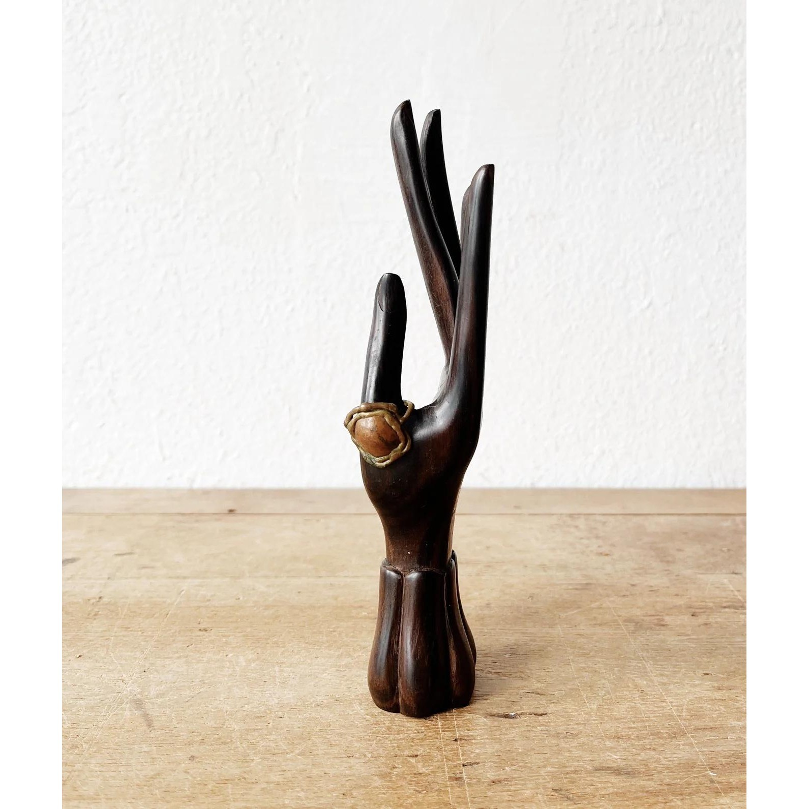 Vintage Hand Carved Wood Jewelry Display Stand Ring Holder Dark Brown 8 Inch