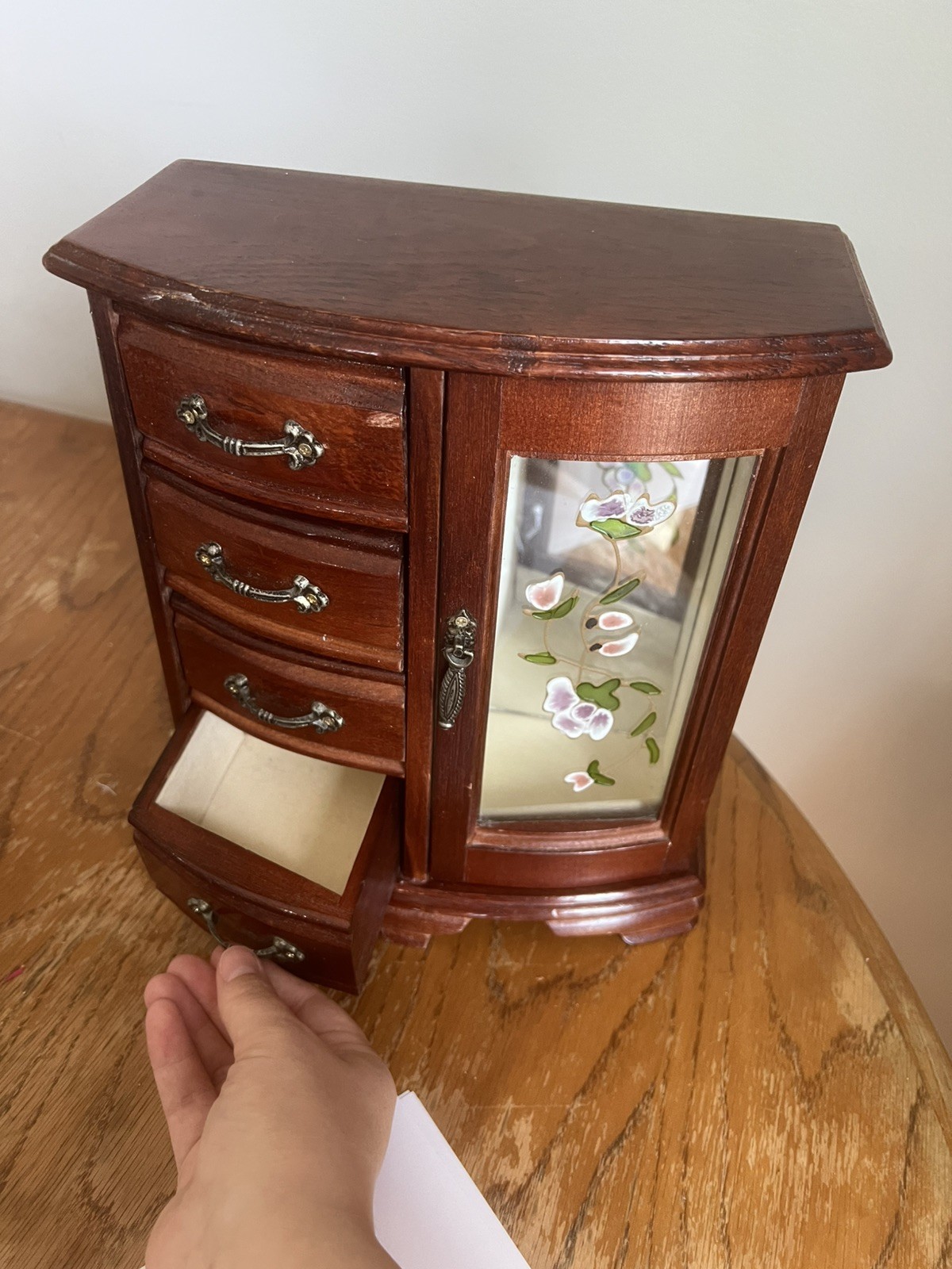 Vintage Wooden Jewelry Armoire Box Floral Glass Door Mirror 4 Drawer Cherry tone