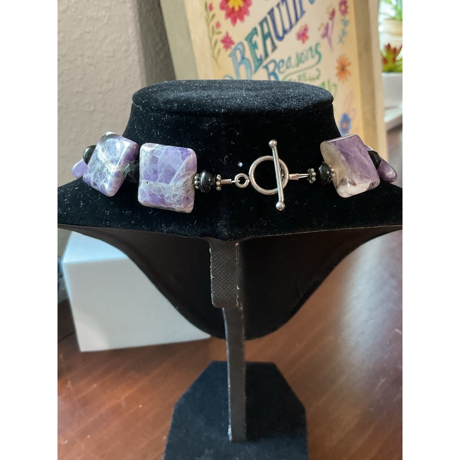 Vintage Sterling Silver Chevron Amethyst Beaded Toggle Clasp Necklace