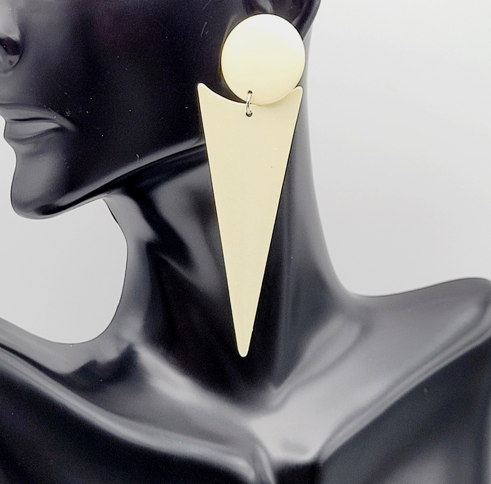 Minimalist Geometric Long Drop Dangle Metal and Cream Enamel Vtg 1980s Earrings