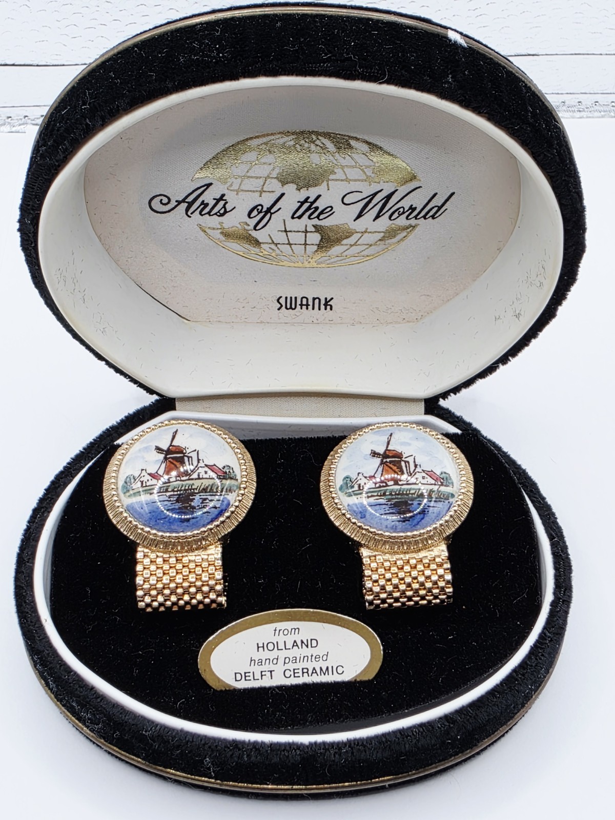Swank Cufflinks Arts of the World Holland Hand Painted Delft In Original Box