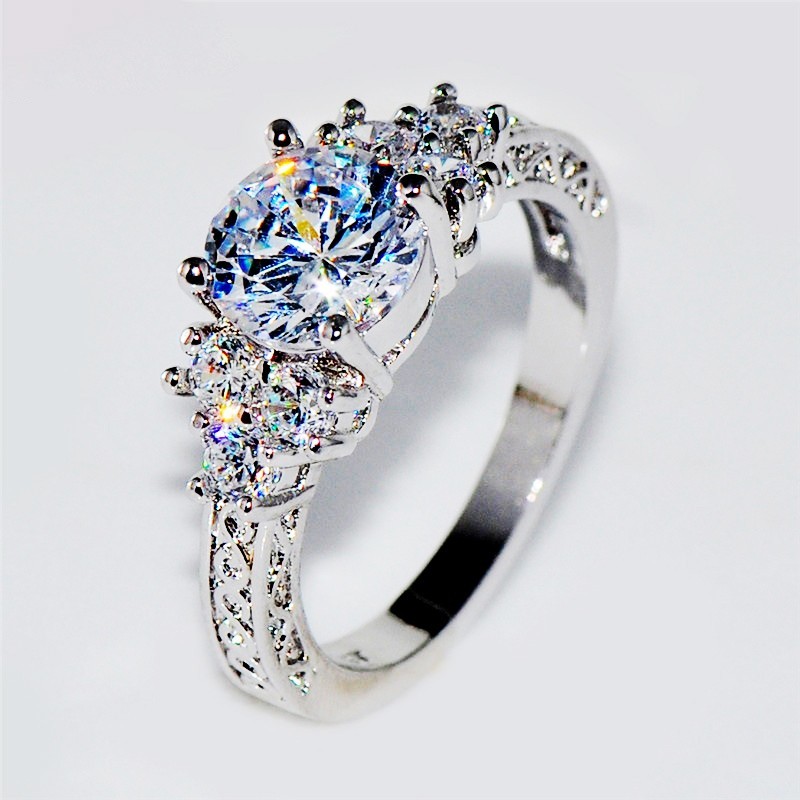 Women’s Crystal Inlaid Stainless Steel Cz Engagement Anniversary Ring Size 6-10