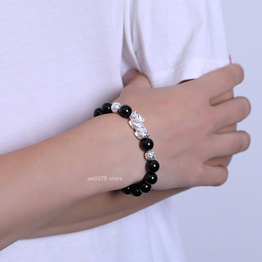 Real 999 Pure Silver Bracelet Man Women Obsidian Dragon Pixiu Beaded Link 7.1”L