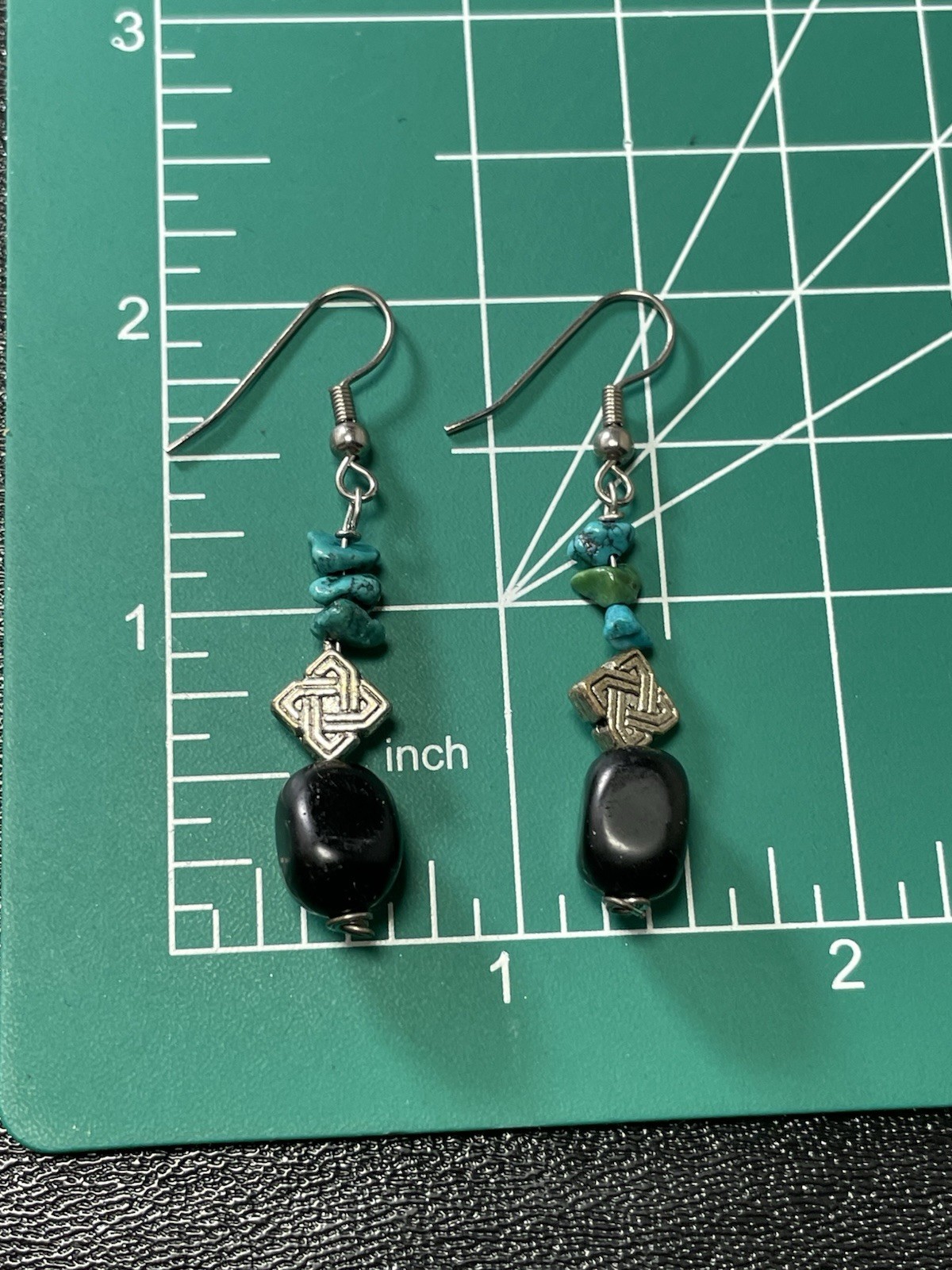 Vintage 2” Turquoise Gemstone Black Beaded Silver Tone Dangle Hook Earrings