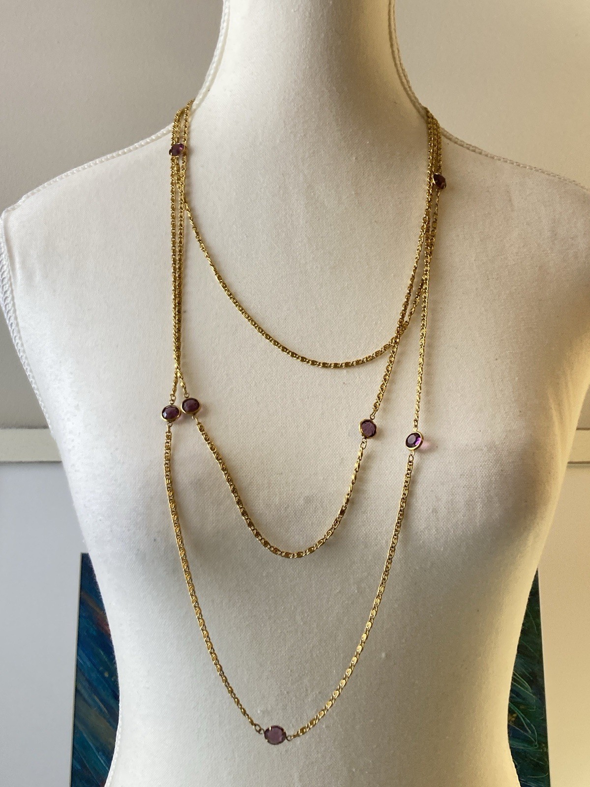 Vintage Gold Tone Multi Strand Station Necklace Purple Glass Cabochon Sautoir