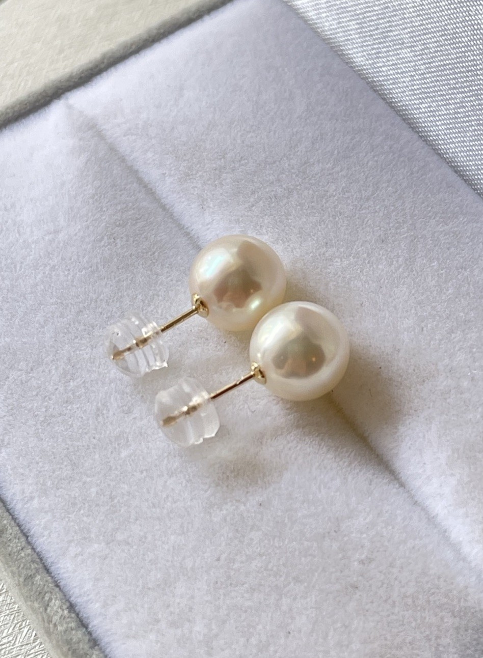 Japanese Akoya Pearl Stud Earrings 9mm Untreated Natural Color K14 Solid Gold