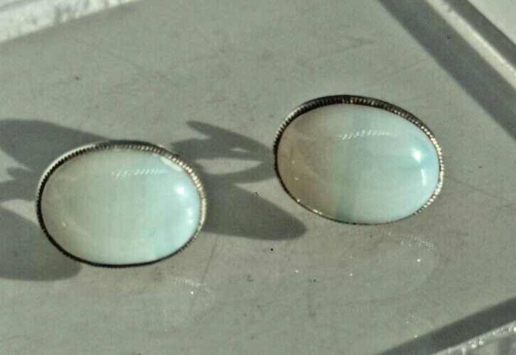 Antique Artisan Blue Jelly Opal Cabochon Earrings Screws Silver 15tcw