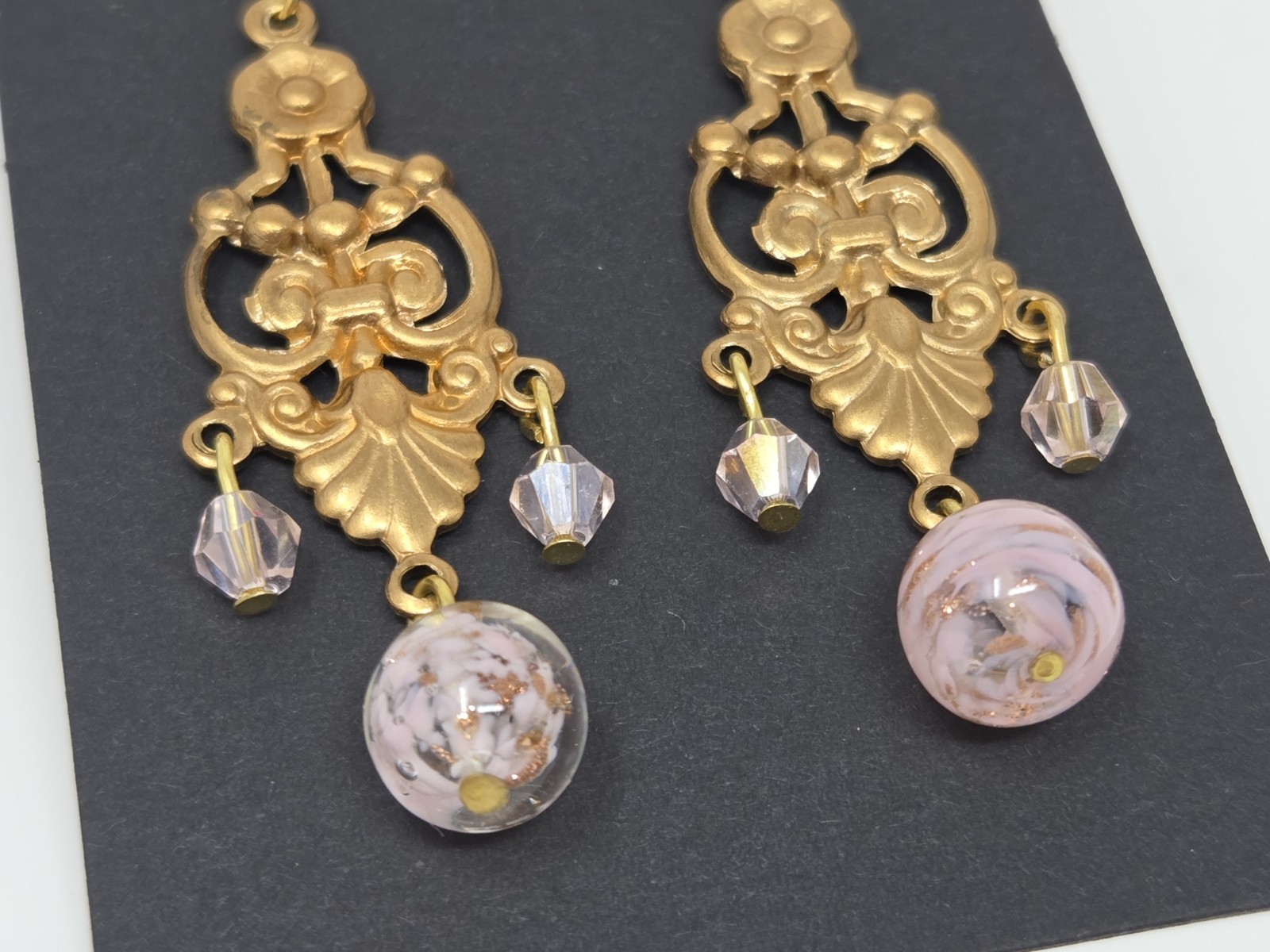 Light Pink Gold Murano Glass & Pink Crystal Dangle Drop Earrings Vintage 2 Inch