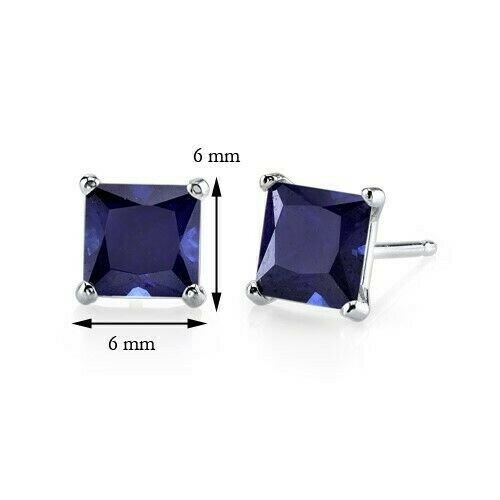 2.76 ct Princess Cut Lab-Created Blue Sapphire Stud Earrings in 14K White Gold