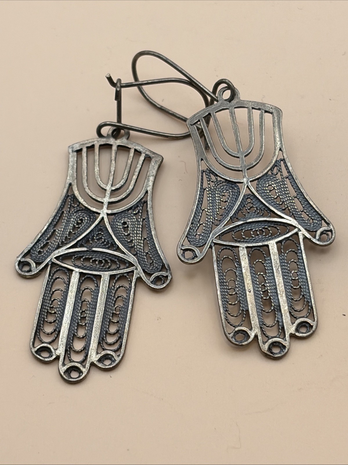 Vtg 925 Sterling Silver Filigree Hamsa Menorah Dangle Earrings Israel Judaica