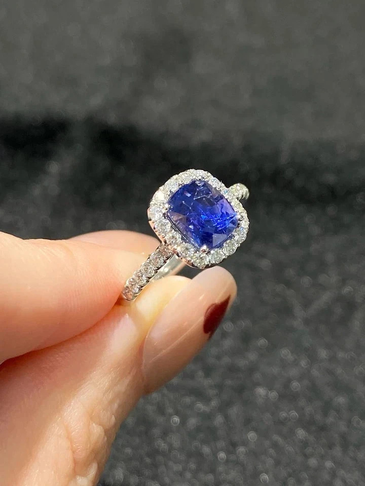 3.00Ct Cushion Cut Natural Sapphire Diamond Wedding Ring 14K White Gold 6 7 8 9