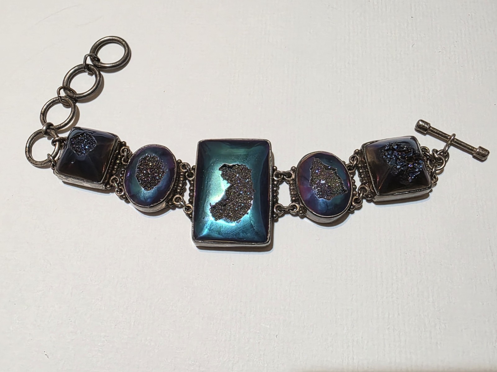 Signed SAJEN 925 Sterling Silver Chalcedony Amethyst Druzy Quartz Bracelet 45g