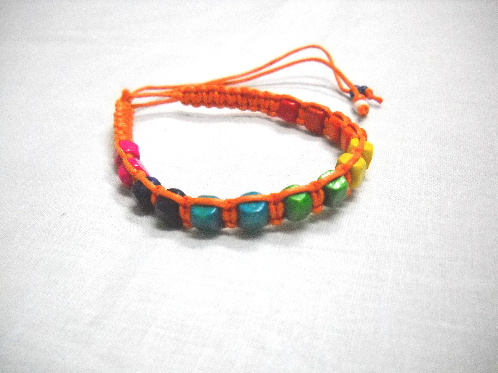 FUN ORANGE MACRAME w RAINBOW WOOD BEADS BLUE GREEN RED TIE ON BRACELET OR ANKLET