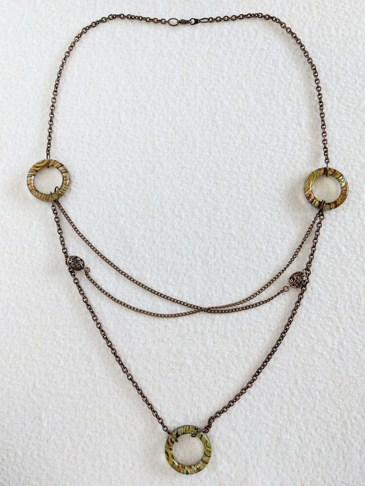 Copper Tone Multi Chain & Colorful Striped Art Glass Circle Beaded 29″ Necklace