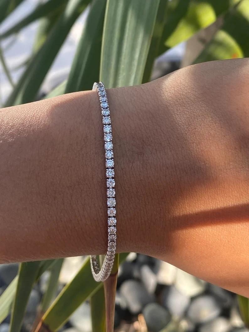 Round Natural Diamond For Party Wear Tennis Bracelet In 14k Solid White Gold