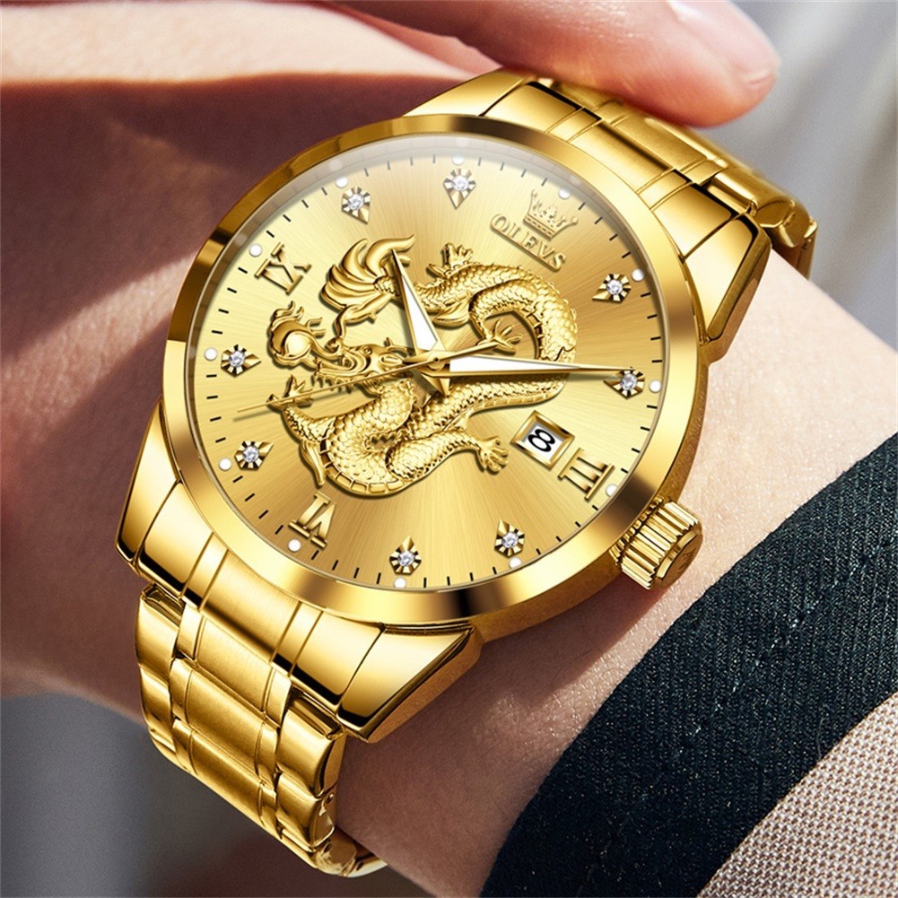 OLEVS 3D Dragon Japan Movement Luxury Classics Men Gift Quartz Wristwatch 3619