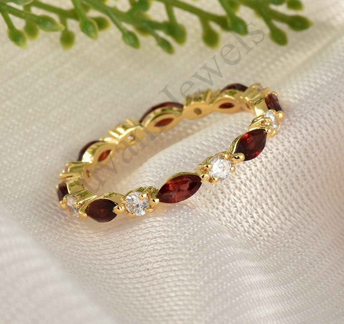 2.5×5 mm Natural Garnet Wedding Band Sterling Silver Marquise Eternity Ring