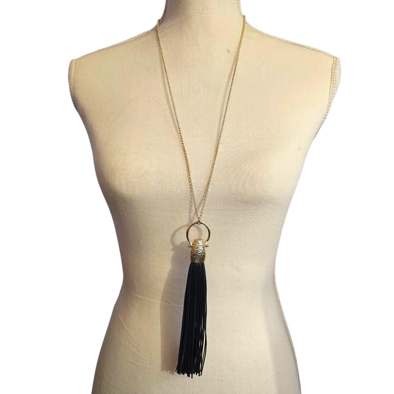 Necklace Leather Tassel Pendant Statement Chain Gold Tone Modern Style SKU 2486