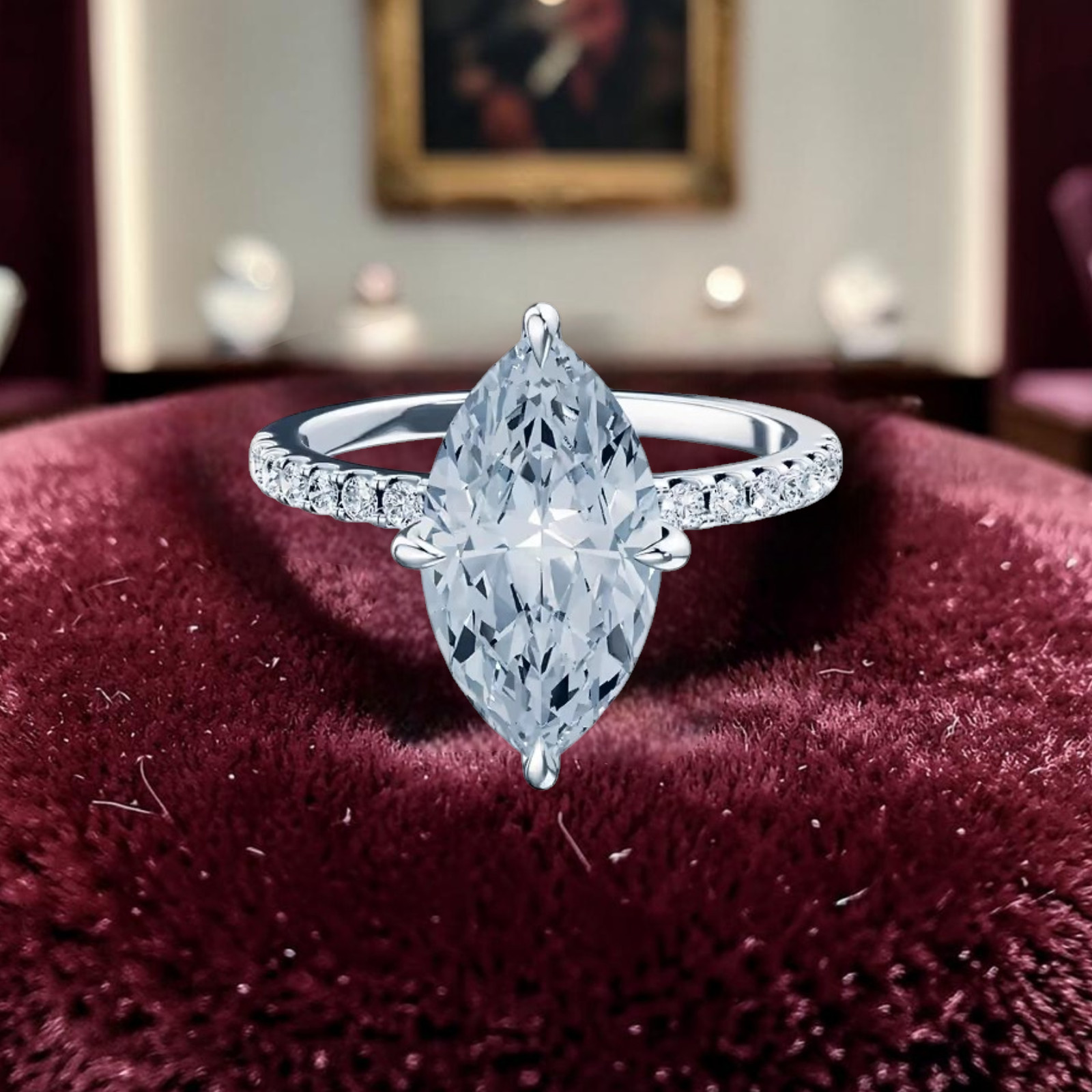 Fancy Vivid Blue 14k White Gold Diamond Ring IGI Lab Grown 3.25 Ct Marquise Cut
