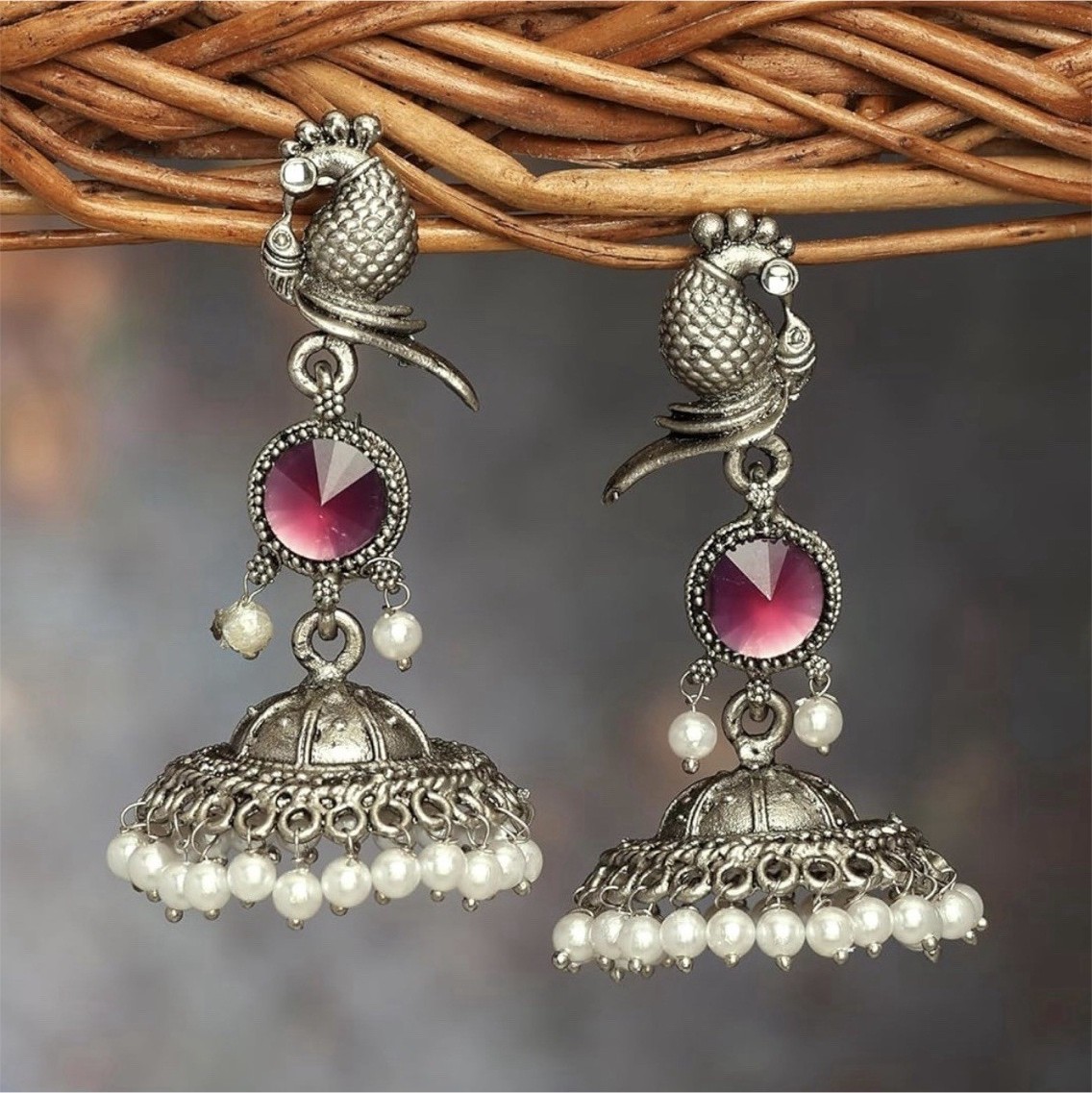 Ethnic Red Stone Dangle Drop Earrings Silver Tone Round Beads 6.6cm