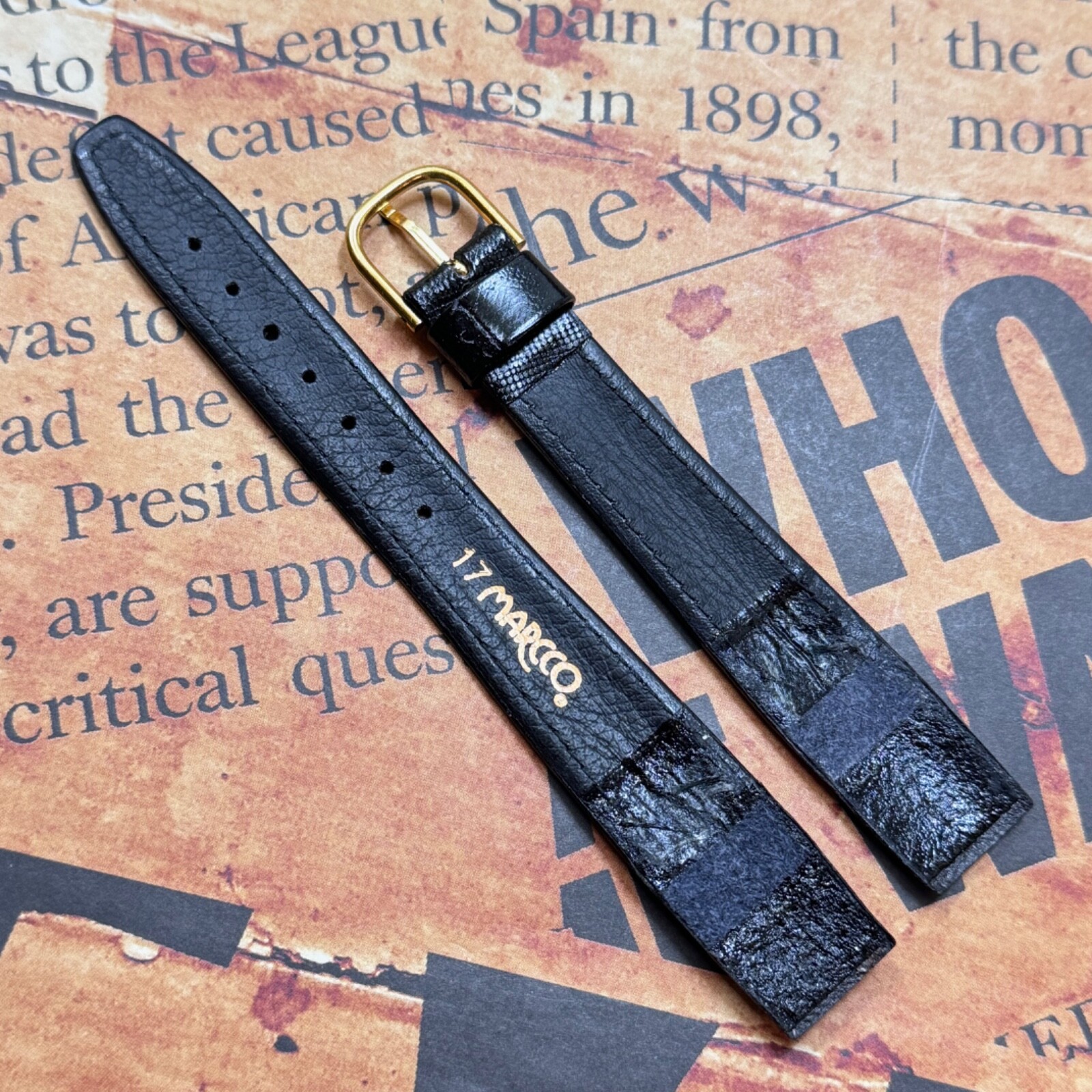 Black textured stitched leather 17mm open-ended vintage watch band rare size NOS