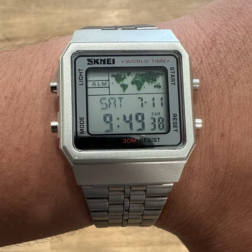 World Time Retro Vintage Style Digital Watch, Skmei– Silver Stainless Steel LCD