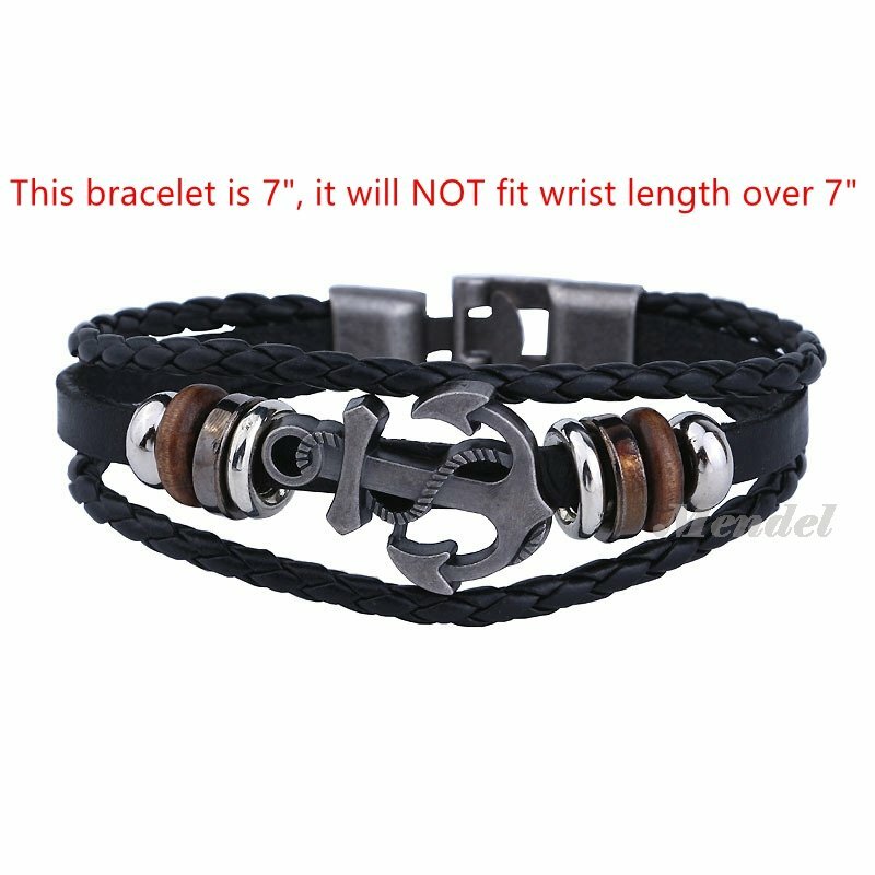 MENDEL Mens Sailor Beach Nautical Anchor Bracelet Leather Wristband Men Black