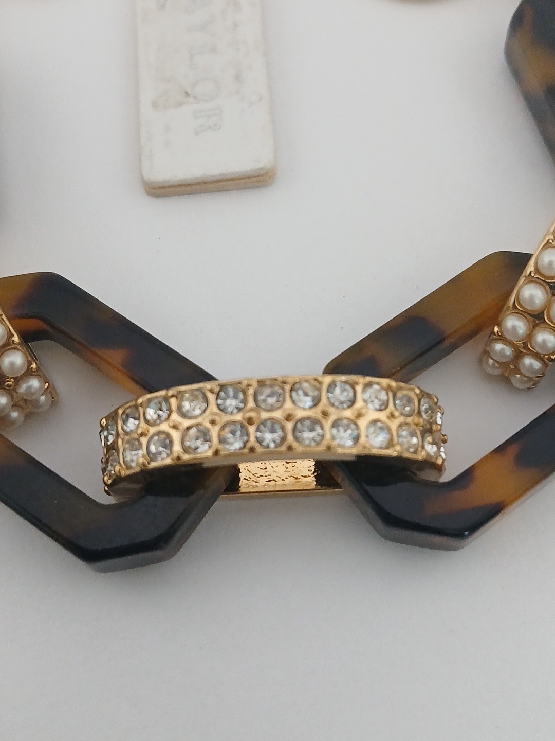 ANNE TAYLOR gold tone pearls crystals faux tortoise oval links toggle bracelet
