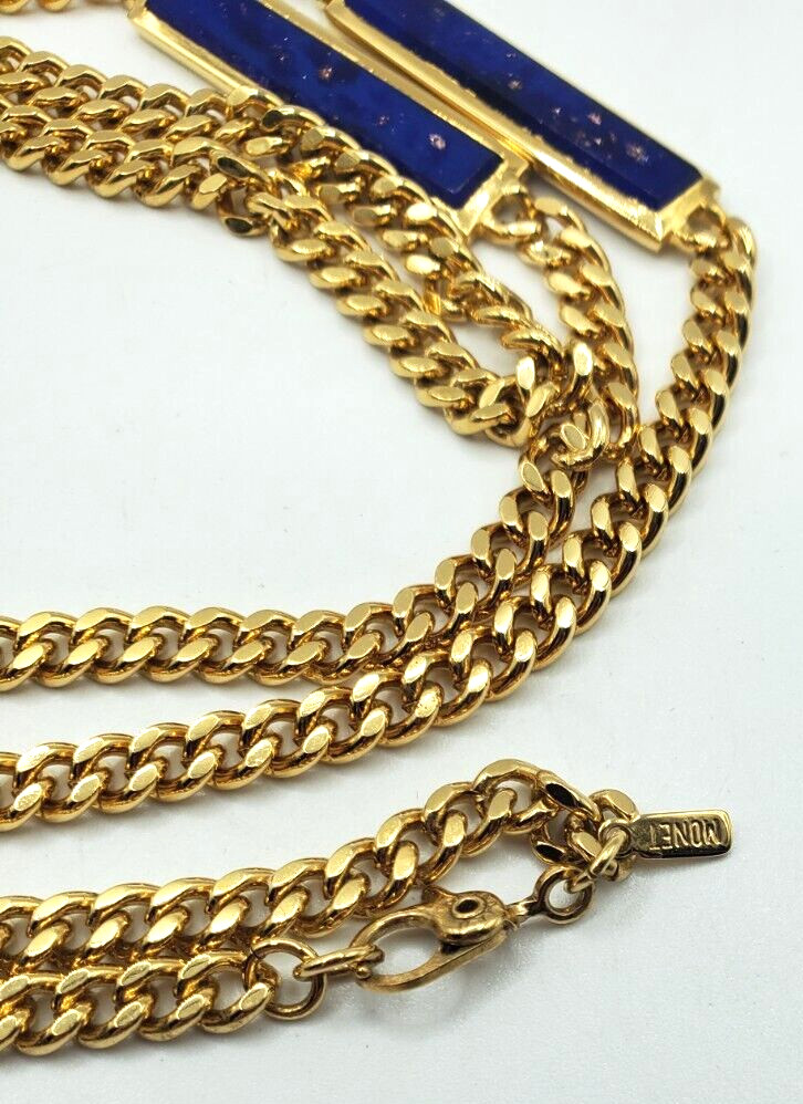 Vintage Monet Gold Tone an Four Blue an Gold Flake Bars on Heavy Chain Statement