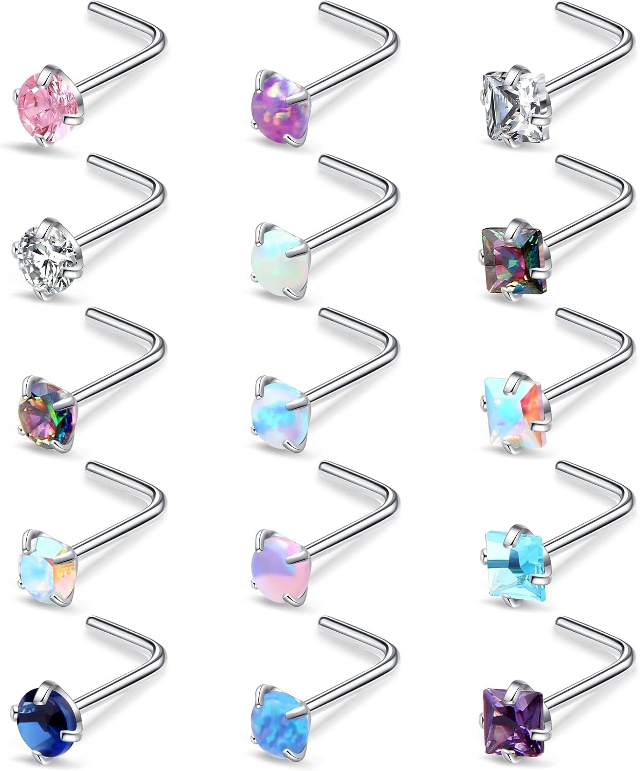15 Pcs 20G L-Shaped Nose Rings with CZ & Opal – Hypoallergenic Steel Jewelry