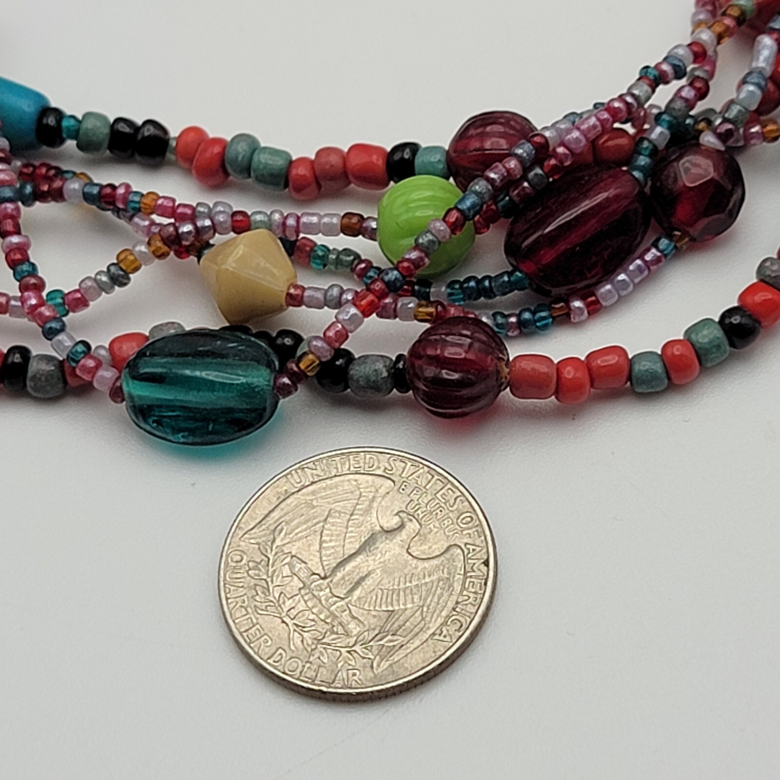 Multicolor Glass Stone And Seed Bead Multi Strand Necklace And Earrings Set 20″