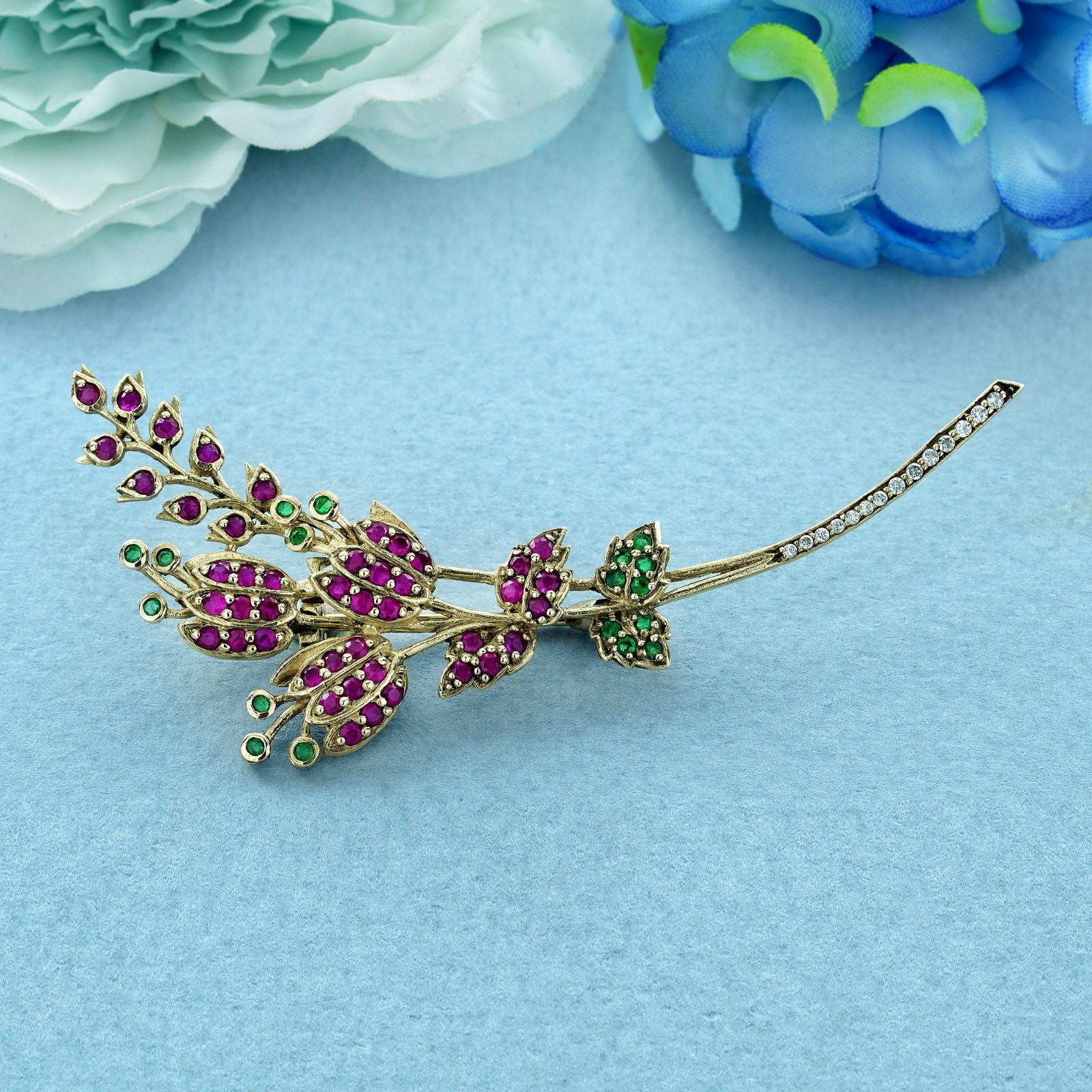 14K Yellow Gold Ruby Emerald Diamond Floral Bouquet Brooch