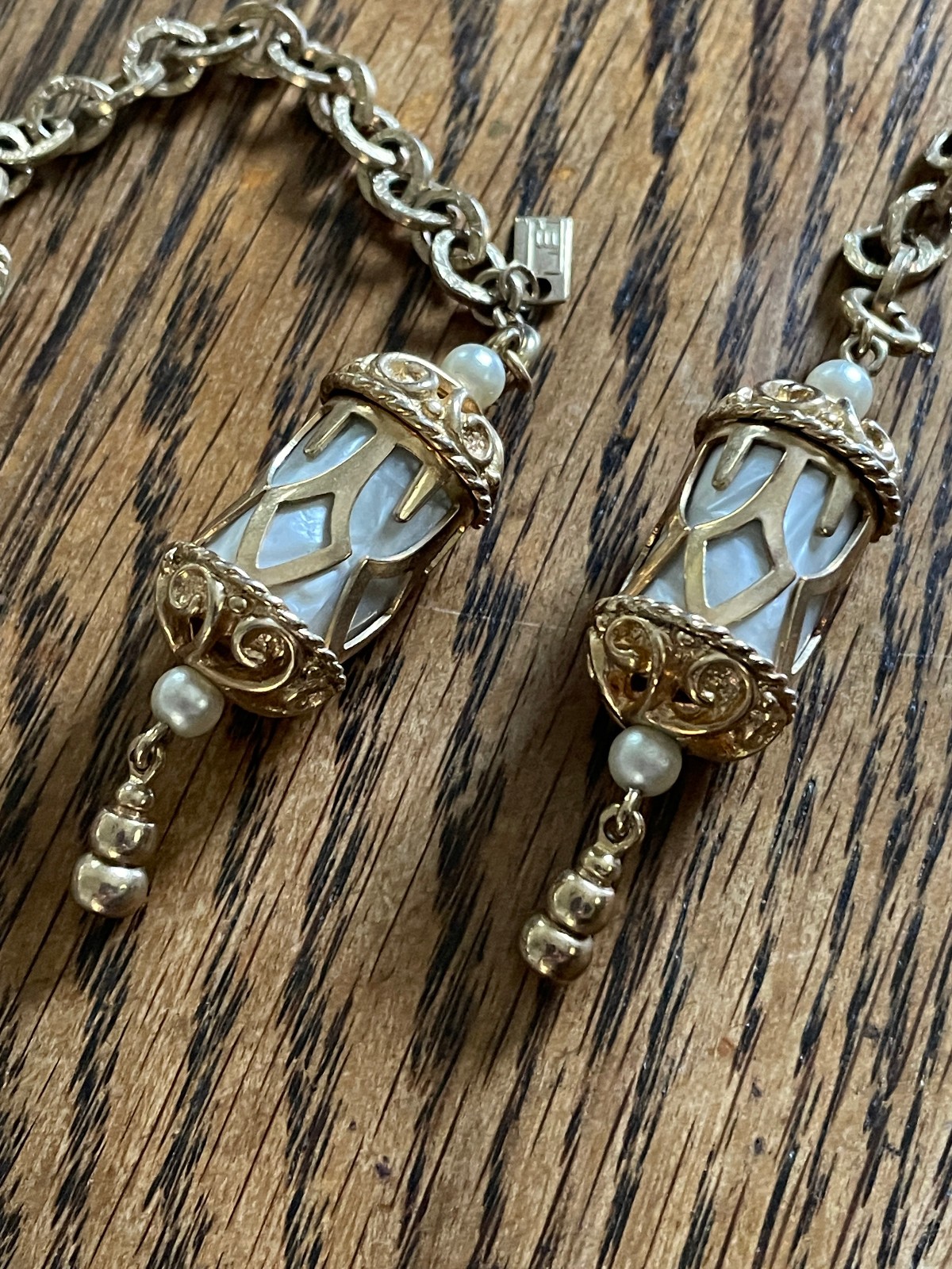 Vintage 60s Signed Emmons Magic Lantern Necklace Faux Mother of Pearl Dangles