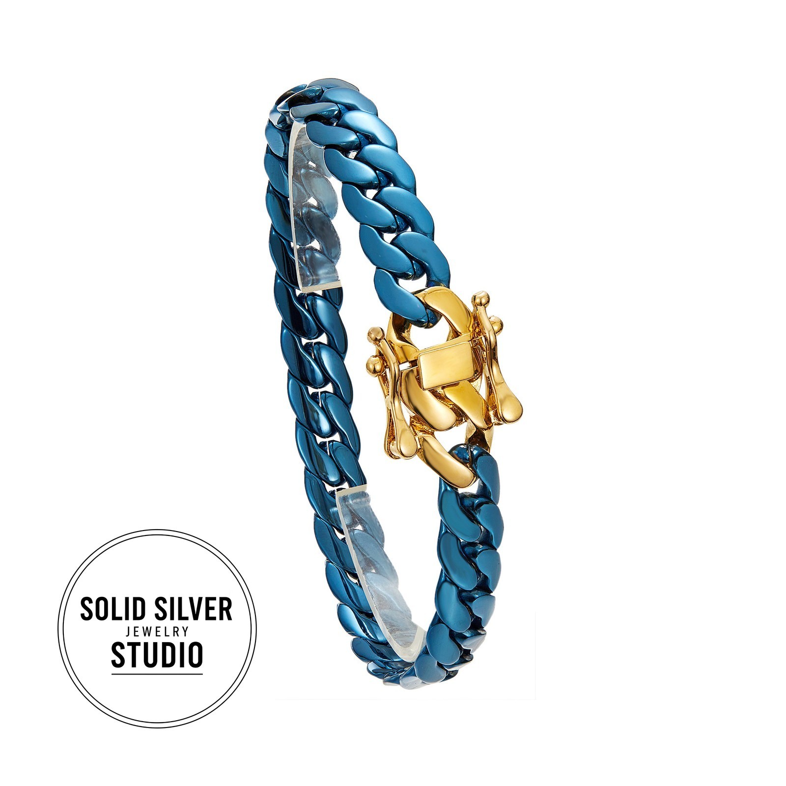 Blue & Gold Cuban Link Necklace or Bracelet Stainless Steel Chain Men’s Gift