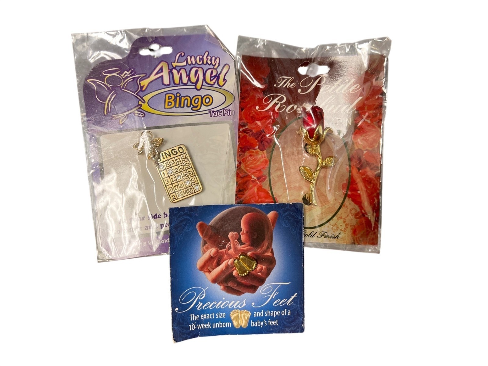 Lot Of 3 Pins – Precious Feet Petite Rosebud & Lucky Angel Bingo Gold-Tone Jewel
